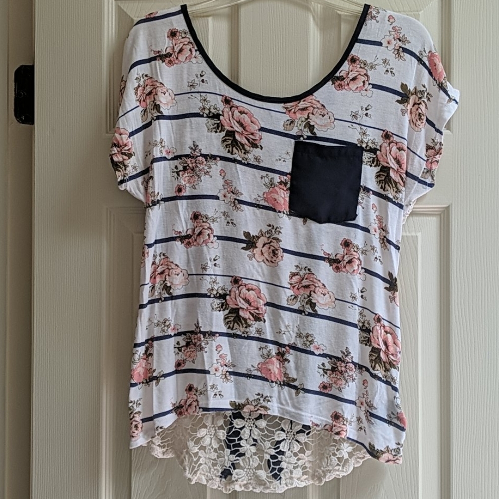 Floral and Navy Striped Bow Top